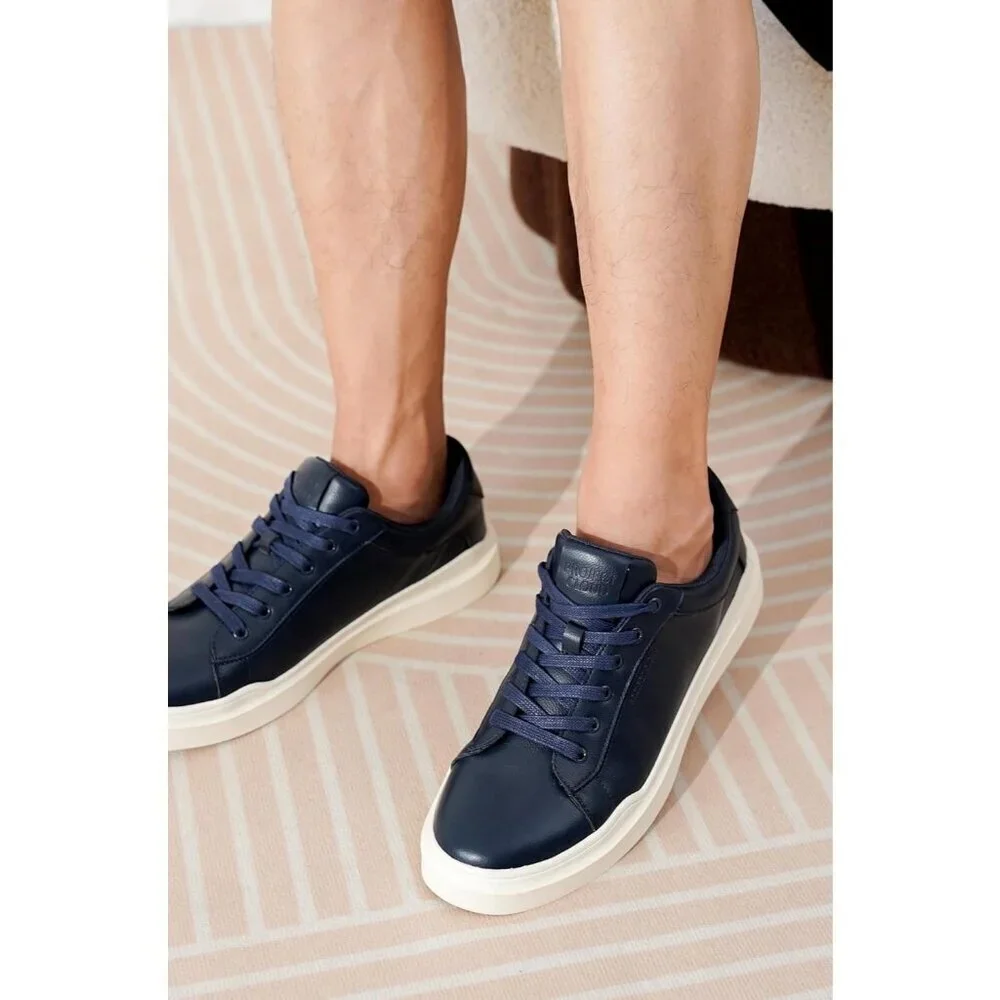 Men's Faux Leather Navy Lightweight Non Slip Laced-Up Casual Fashion Sneakers